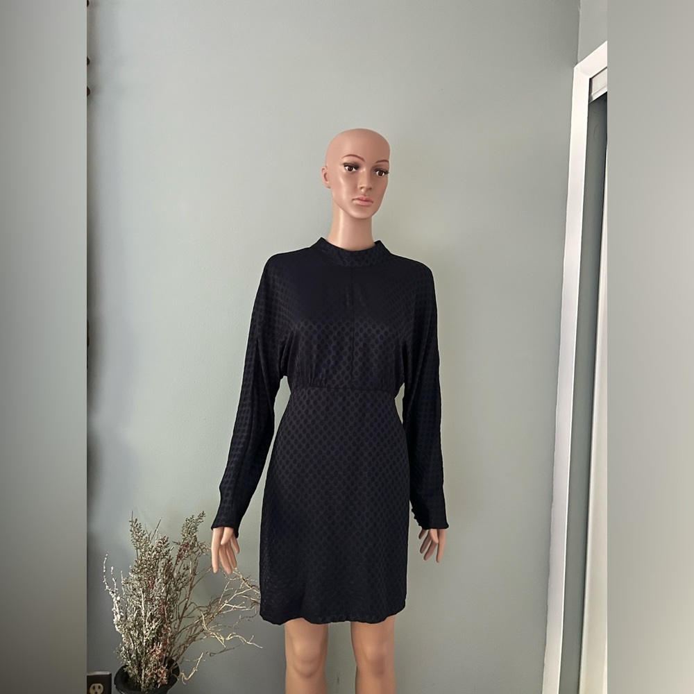 ZARA TRAFALUC SZ L NAVY W/ BLACK POLKA DOTS DRESS